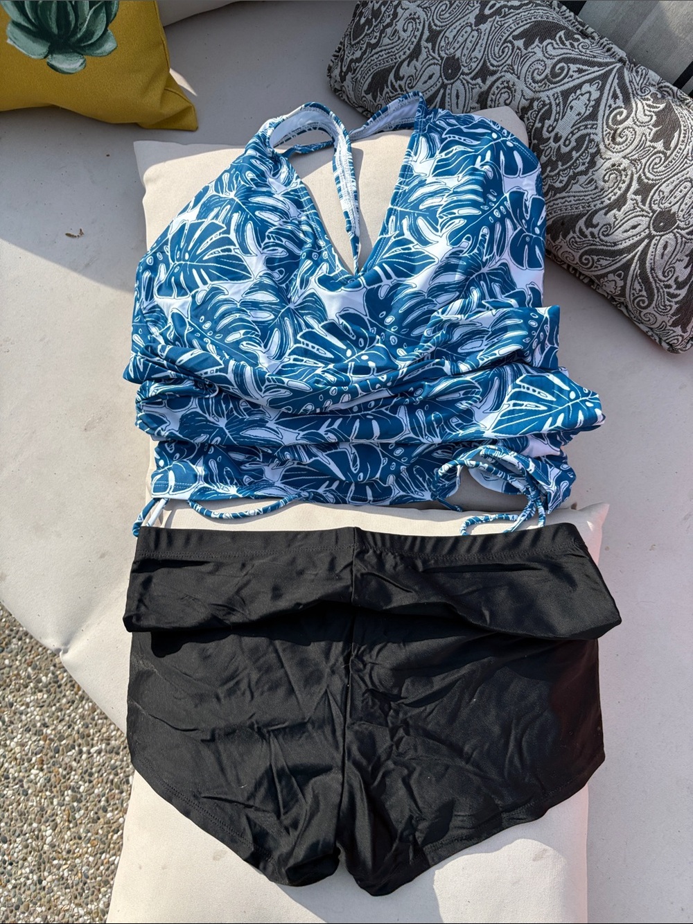 Blue Leaf-Print Halter Tankini Top with Black Swim Shorts